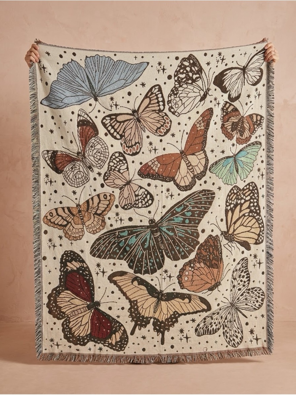 NWOT Butterfly Tapestry Throw in Cream, Brown, Blue, Green - Boutique Item